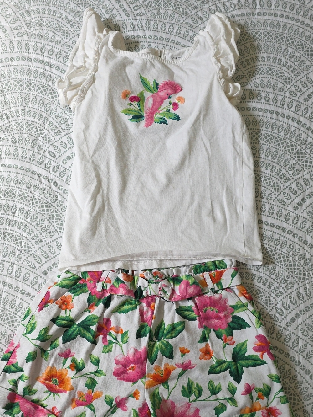 Janie and Jack White Shorts And Top Set with Pink Floral & Green Leaves
